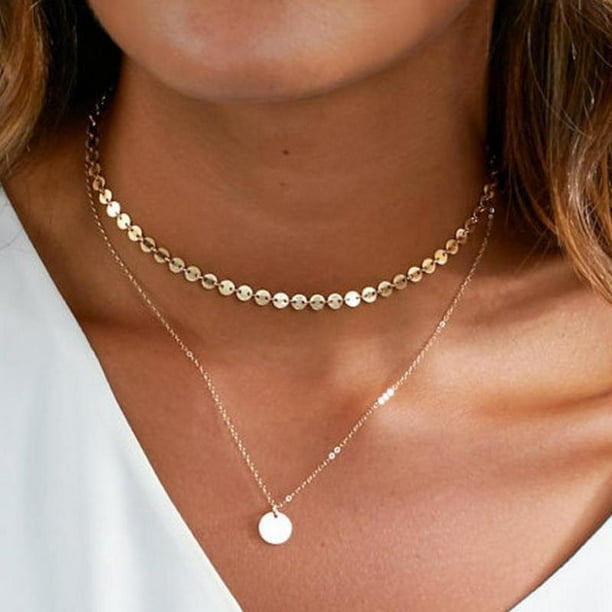 Women Crystal Pendant Chain Choker Necklace Double layer Jewelry Gift Gold